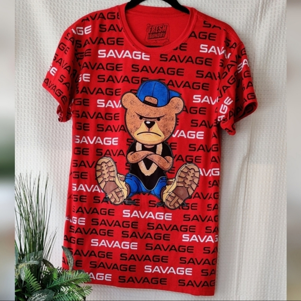 Fresh Laundry Red Savage Hip Hop Bear T-shirt Size M